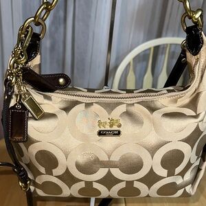Coach 2009 Satin Signature Crossbody Shoulder Bag in Champagne and Brown Trim